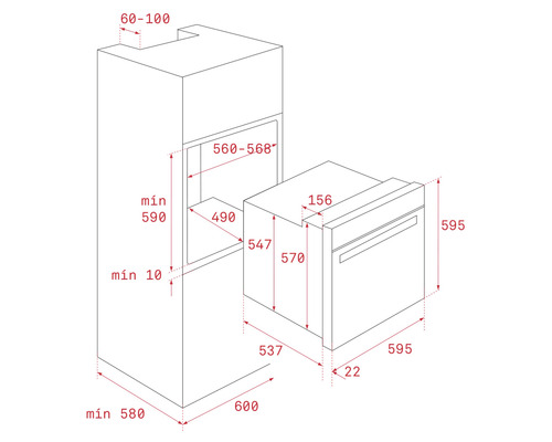 Desen tehnic cu dimensiunile cuptorului încorporabil și dulap înalt