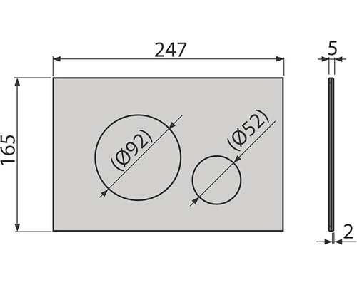 Desen tehnic al unei plăci cu două decupaje și dimensiuni.