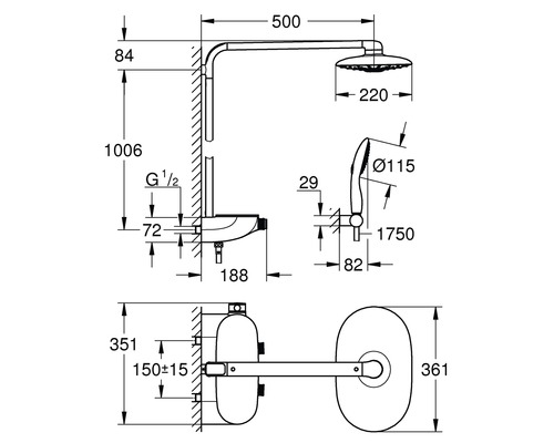 Desen tehnic al unui set de duș cu duș fix și duș de mână, cu dimensiuni
