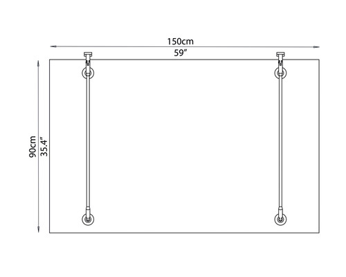 Desen tehnic al unui perete de duș cu dimensiunile de 150 cm pe 90 cm.