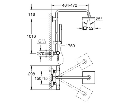 Desen tehnic al unui sistem de duș cu dimensiuni.