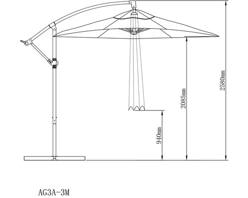 Desen tehnic al unei umbrele de soare cu stâlp lateral și dimensiuni