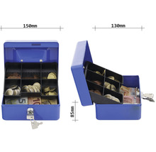 Caseta de bani albastră deschisă cu inserție pentru bani și cheie, dimensiuni 150 x 130 x 85 milimetri