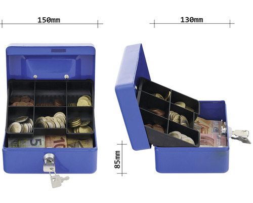 Caseta de bani albastră deschisă cu inserție pentru bani și cheie, dimensiuni 150 x 130 x 85 milimetri