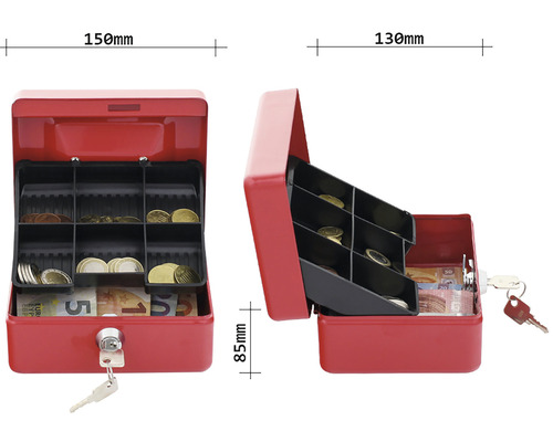 Cutie de bani roșie cu monede euro și bancnote, dimensiuni 150 x 130 x 85 milimetri