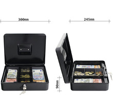 Caseta de numerar deschisă, cu compartimente pentru bancnote și monede, plus chei și dimensiuni.
