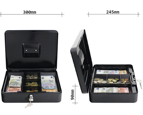 Caseta de numerar deschisă, cu compartimente pentru bancnote și monede, plus chei și dimensiuni.