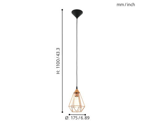 Lustr cu abajur geometric și specificații de dimensiuni.