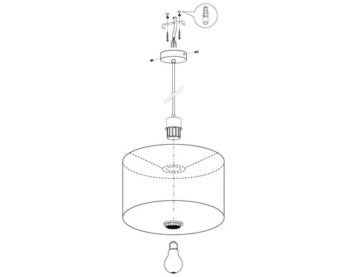 Desen explodat al unei lămpi suspendate cu abajur, suspensie și bec