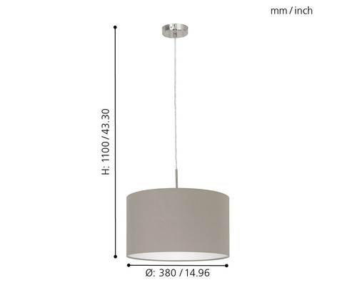 Lampa suspendată cu dimensiunile 1100/43.30 mm înălțime și 380/14.96 mm diametru