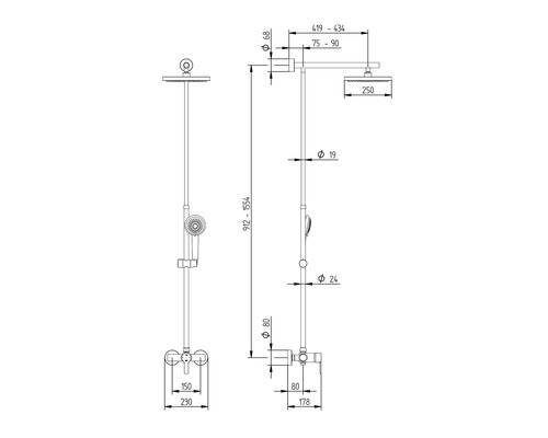 Desen tehnic al unui sistem de duș cu cote