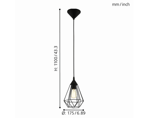 Lustr negru cu abajur geometric și dimensiunile înălțime 1100 mm, diametru 175 mm.