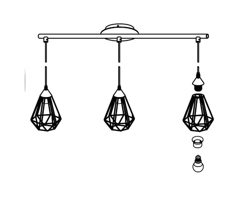 Lumină de tavan cu trei lămpi și abajururi geometrice