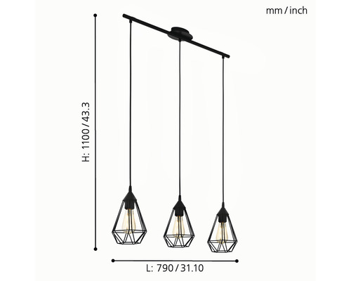 Lumină suspendată cu trei lămpi și abajururi geometrice, dimensiunile sunt afișate