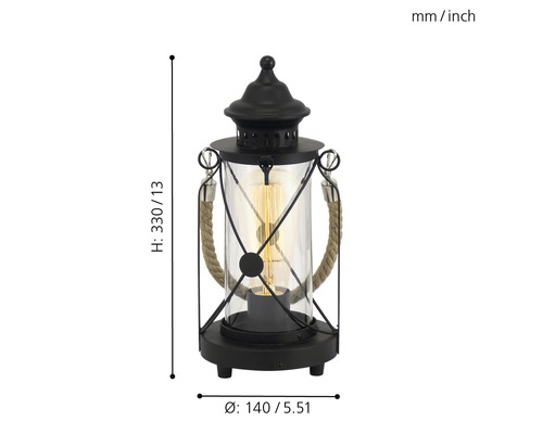 Lampă de masă decorativă în design de felinar cu mânere de funie și indicarea dimensiunilor