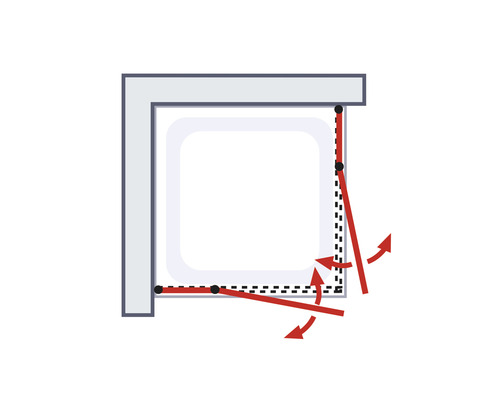 Ilustrație a unei uși de cabină de duș cu mecanism pivotant