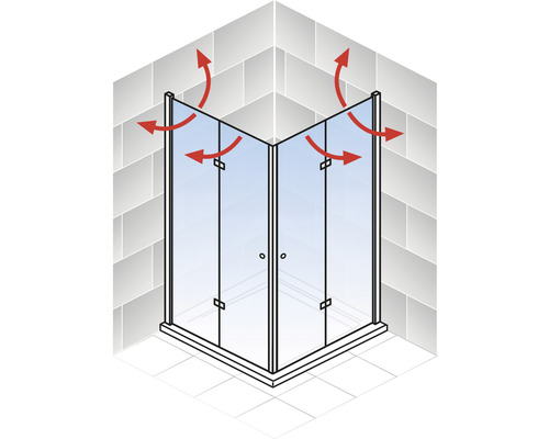 Cabină de duș de colț cu săgeată roșie care indică libertatea de mișcare