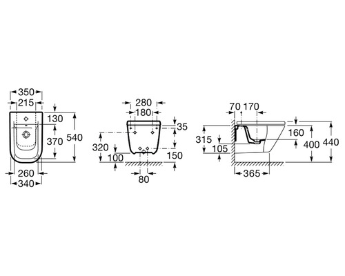 Desen tehnic al unui bideu suspendat cu dimensiuni