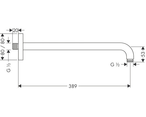 Desen tehnic al unei guri de scurgere montate pe perete, cu dimensiuni