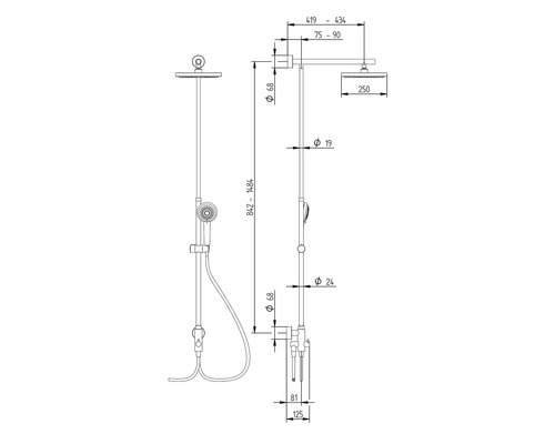 Desen tehnic al unui sistem de duș cu dimensiuni