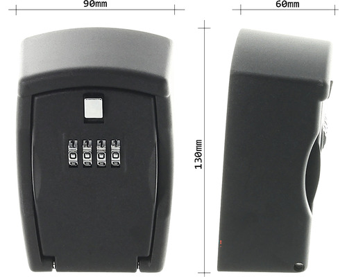 Cutie pentru chei cu cod numeric și dimensiunile de 90 mm lățime, 130 mm înălțime și 60 mm adâncime.