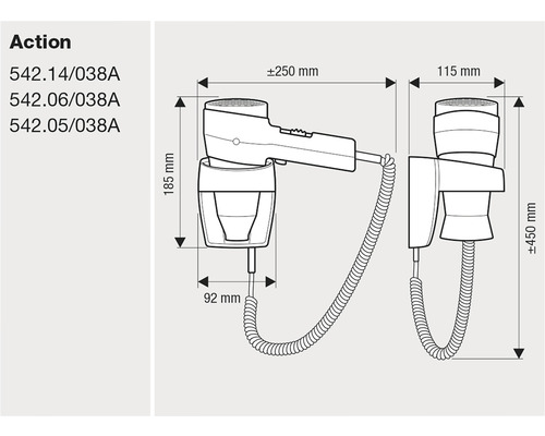 Desen tehnic al unui uscător de păr de perete cu dimensiuni