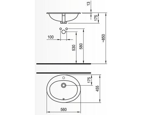 Desen tehnic al unei chiuvete cu dimensiuni