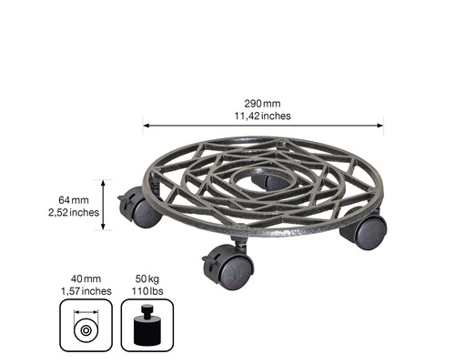 Suport pentru plante pe role cu diametrul de 290 milimetri, înălțime de 64 milimetri și sarcină portantă de 50 kilograme
