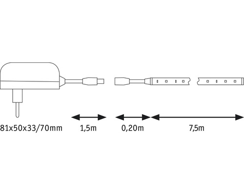 Schiță a unei benzi LED cu dimensiunile lungimii și dimensiunile ștecherului.