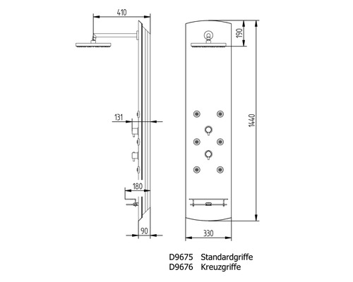 Desen tehnic al unei coloane de duș cu duș fix, jeturi de masaj și armături