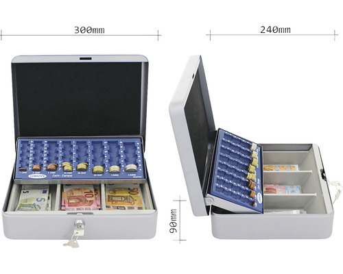 Cutie de bani deschisă cu monede și bancnote euro