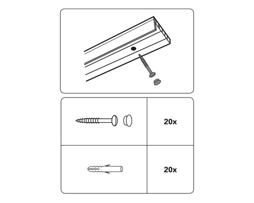 Ilustrație a unei tije de perdea cu șuruburi și dibluri, 20 bucăți