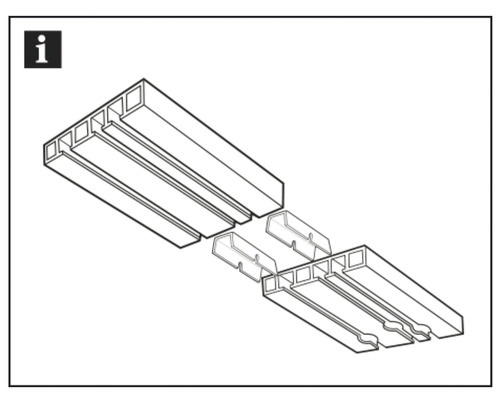 Ilustrație cu două profile de plastic și piese de conectare pentru montaj