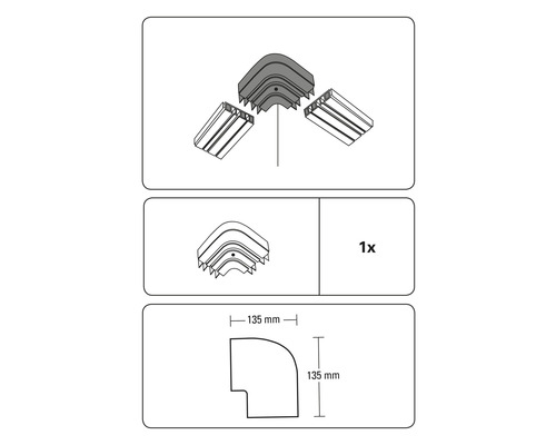 Ilustrație cu o piesă de colț pentru canal de cablu cu dimensiunile de 135 pe 135 milimetri