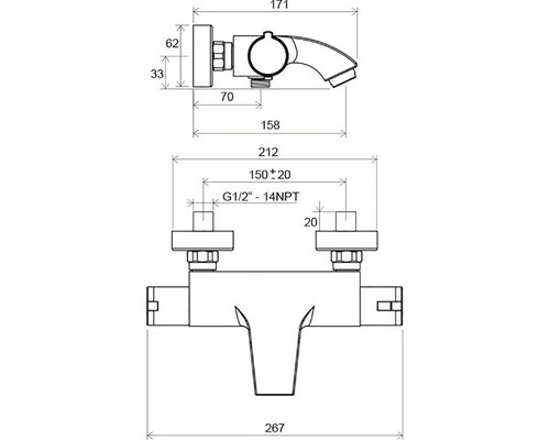 Desen tehnic al unui robinet cu dimensiuni.