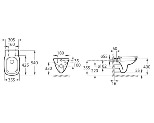 Desen tehnic al unui WC suspendat cu dimensiuni