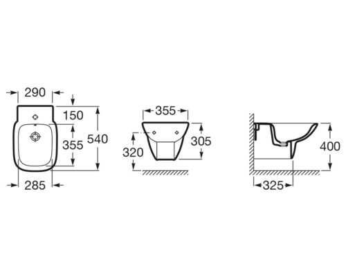 Desen tehnic al unui bideu suspendat cu dimensiuni indicate