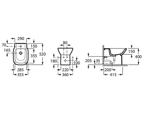 Desen tehnic al unui bideu cu dimensiuni
