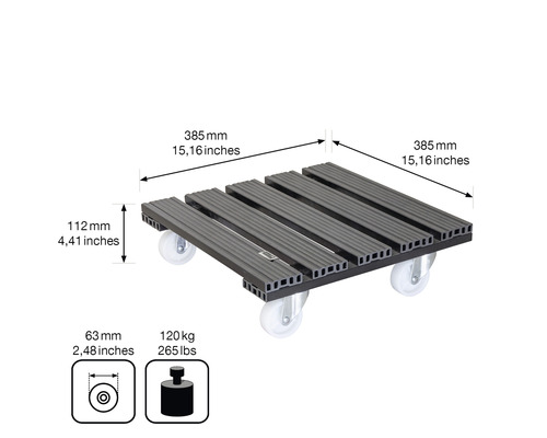 Placă cu rotile cu dimensiuni și indicație de capacitate portantă