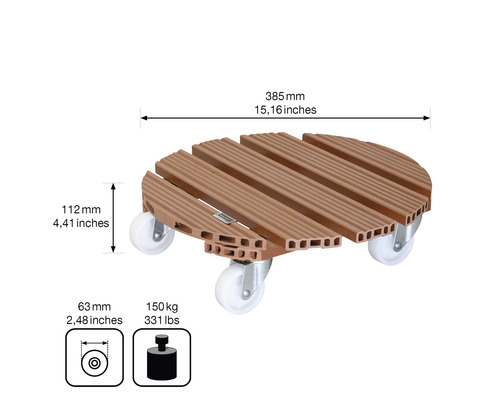 Suport rulant pentru plante din WPC cu dimensiuni tehnice
