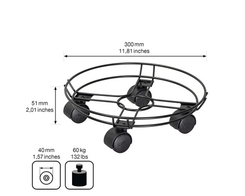 Suport pentru plante din metal cu role, diametru 300 milimetri, capacitate portantă 60 kilograme