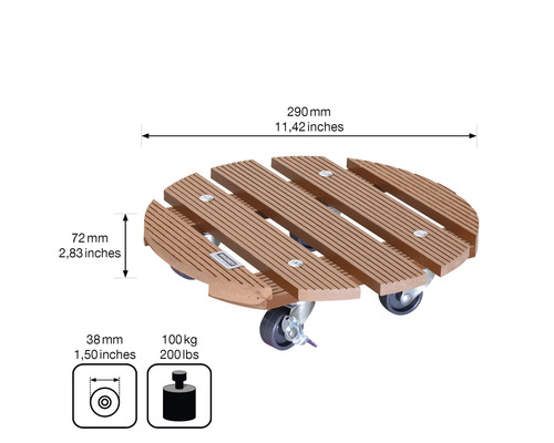 Suport rotund pentru plante din lemn cu roți și dimensiuni