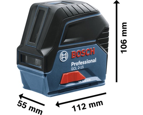 Laser combinat profesional Bosch GCL 2-15 cu dimensiunile de 112 mm x 55 mm x 106 mm