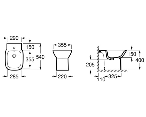 Desen tehnic al unui bideu cu dimensiuni