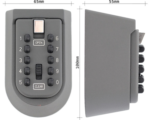 Seif pentru chei cu cod numeric, vedere frontală și laterală cu dimensiuni.
