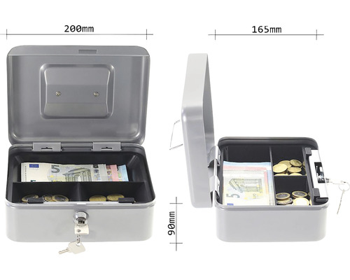 Cutie de bani deschisă cu bancnote euro și monede, dimensiuni 200 mm x 165 mm x 90 mm