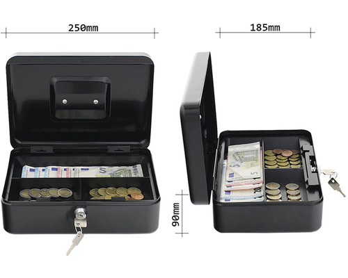 Caseta de numerar deschisă cu bancnote și monede euro, dimensiuni 250 mm x 185 mm x 90 mm