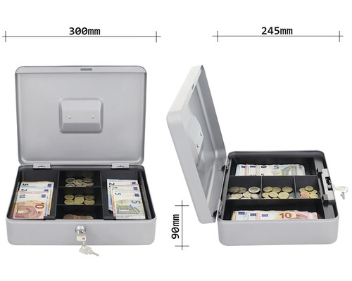Cutie de bani deschisă din oțel cu bancnote și monede, dimensiuni 300 x 245 x 90 milimetri