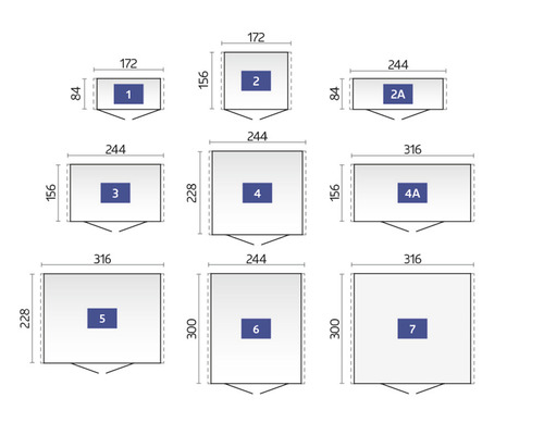 Prezentare generală a dimensiunilor elementelor de construcție cu lățimi între 172 și 316 milimetri și înălțimi între 84 și 300 milimetri