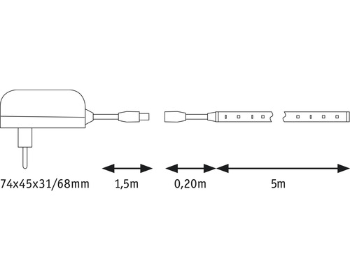 Desen tehnic bandă LED cu ștecher, cablu de alimentare de 1,5 m, cablu de conectare de 0,2 m și bandă luminoasă de 5 m.